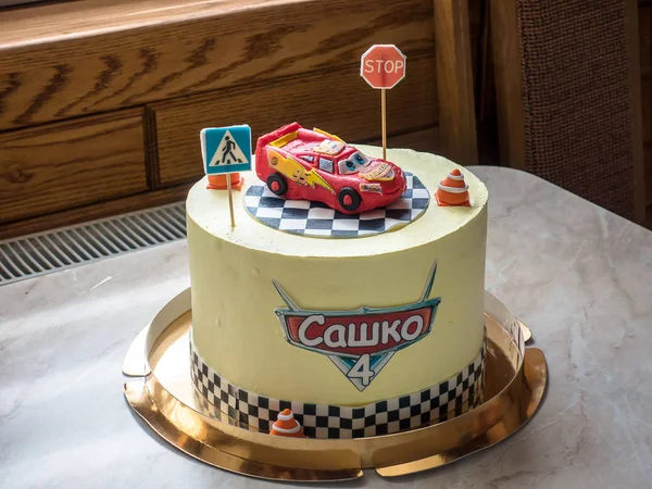 06/24/2018 Kadubivtsi Ukraine. Cake with a car model from the cartoon \