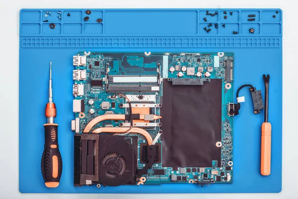 O reparador trabalha em suporte técnico, está envolvido na restauração e limpeza do laptop . — Fotografia de Stock