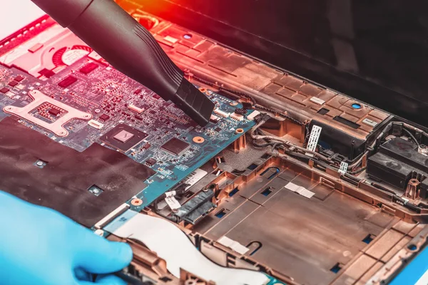 Servis merkezinin çalışanı, dizüstü bilgisayarı tozdan temizlemekle profesyonel olarak meşguldür..