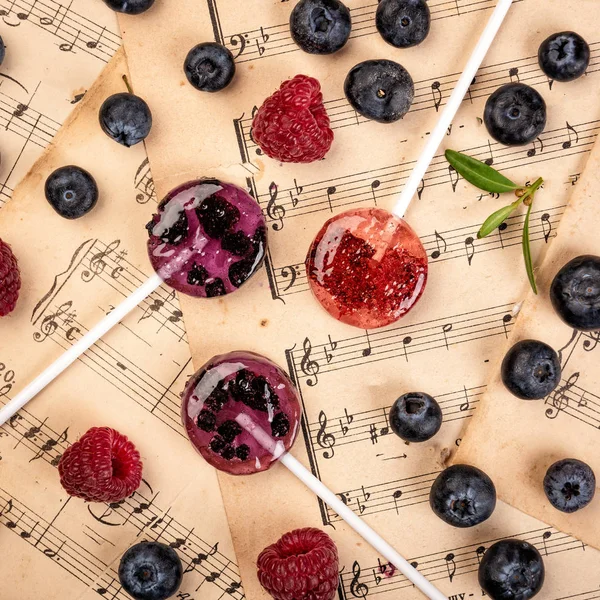 .Lollipops made from natural fruits and berries. Healthy food and vegetarian food concepts
