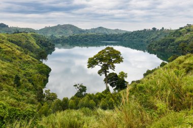 A small lake with reflected clouds on its still surface surrounded with rich vegetation and farm fields in the background near the Bwindi National Park during a cloudy day in uganda clipart