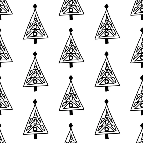 Seamless Pattern Made Doodle Abstract Fir Trees Isolated White Vector — Stock Vector