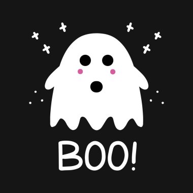 Pembe allık ve buruşuk harflerle sevimli bir hayalet. Cadılar Bayramı tebrik kartı. Vektör stok illüstrasyonu.