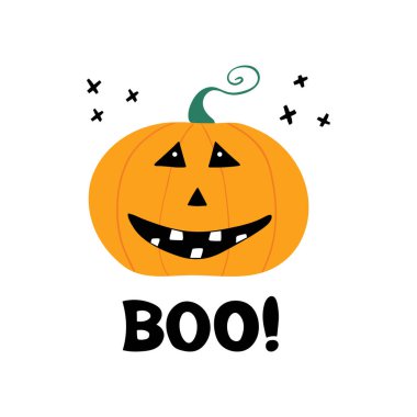 Küçük harflerle gülümseyen sevimli balkabağı karakteri. Cadılar Bayramı tebrik kartı. Beyazda izole edilmiş. Vektör stok illüstrasyonu.