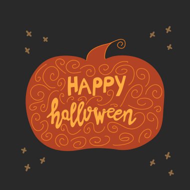 Mutlu Cadılar Bayramı. Turuncu balkabağı siluetinin içinde el yazısı sarı harfler ve koyu gri arkaplanda karalama spirali ve çapraz elementler var. Vektör stok illüstrasyonu.