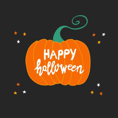 Mutlu Cadılar Bayramı. Siyah arka planda karalama yıldızları olan turuncu balkabağına beyaz el yazısıyla yazılmış harfler. Vektör stok illüstrasyonu.