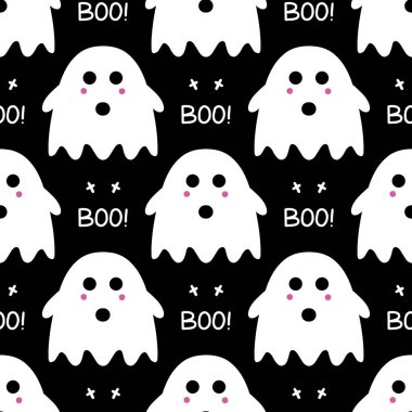 Siyah arka planda pürüzsüz desen şeklinde pembe allık ve buruşuk harflerle sevimli bir hayalet. Cadılar Bayramı. Vektör stok illüstrasyonu.