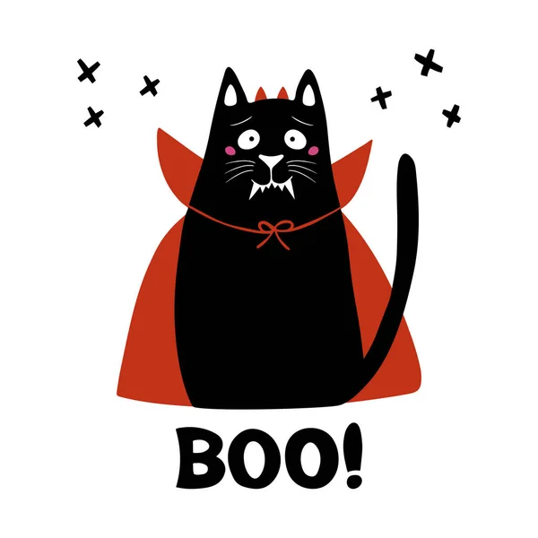 Roztomilá Kreslená Kočka Nosí Upíří Kostým Tesáky Rohy Červeným Pláštěm — Stockový vektor
