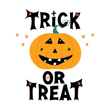 Tatlı gülücüklü balkabağı karakteri. Hile yapıyor ya da harfleri karalıyor ve çapraz elementler çiziyor. Tatil tebrik kartı. Beyazda izole edilmiş. Vektör stok illüstrasyonu.