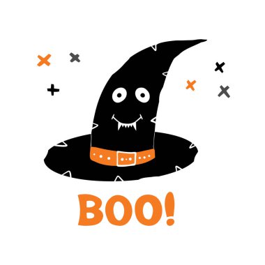 Cadı şapkası, sevimli gülümseyen bir yüz ve karalama haçı elementleri. Tatil tebrik kartı. Beyazda izole edilmiş. Vektör stok illüstrasyonu.