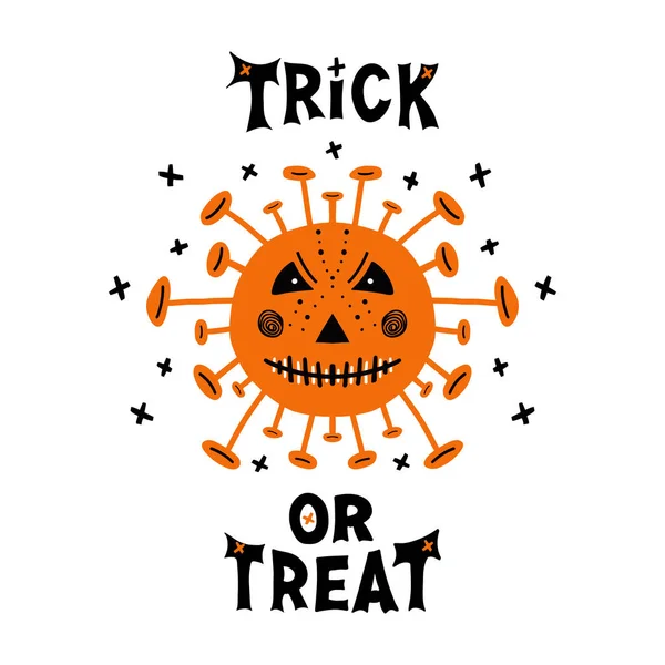 Halloween Handritade Coronavirus Bakterier Med Skrämmande Ansikte Och Trick Eller — Stock vektor