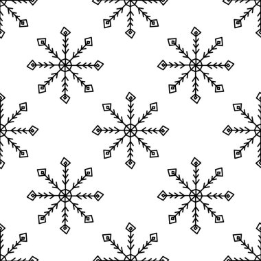 Kusursuz desen, soyut kar tanelerinden yapılmış. Beyaz arka planda izole edilmiş. Vektör stok illüstrasyonu.