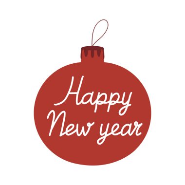 İçinde Mutlu Yıllar yazan el çizimi Noel ağacı topu ikonu. Beyaz bir arkaplanda izole edilmiş.