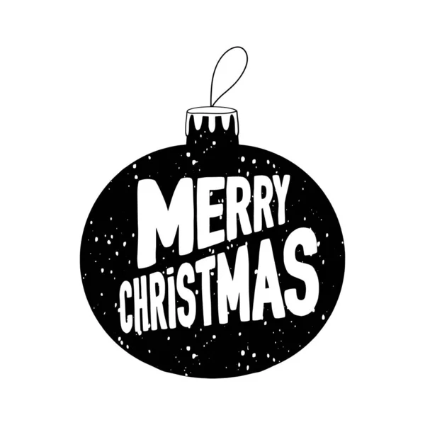 Elle çizilmiş Noel ağacı top ikonu kar etkisi yaratıyor ve içinde Mutlu Noeller yazıları var. Beyaz bir arkaplanda izole edilmiş.