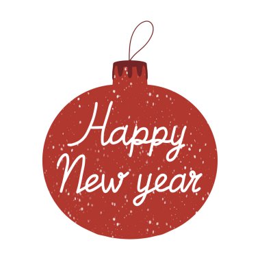 Elle çizilmiş Noel ağacı top ikonu kar etkisi yaratıyor ve içinde de Mutlu Yıllar yazısı var. Beyaz arkaplanda izole.