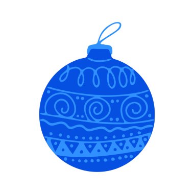 El çizimi mavi Noel ağacı topu ve karalama elementleri. Beyaz bir arkaplanda izole edilmiş.
