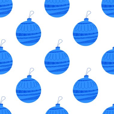 Kusursuz desenli, karalama elementleriyle çizilmiş mavi Noel ağacı topundan yapılmış. Beyaz arkaplanda izole.