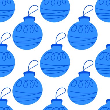 Kusursuz desenli, karalama elementleriyle çizilmiş mavi Noel ağacı topundan yapılmış. Beyaz arkaplanda izole.