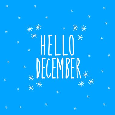 Merhaba Aralık. Mavi arka planda harfler. Vektör stok illüstrasyonu.