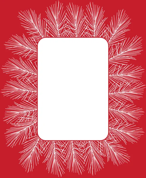 Ramos de abeto branco em um fundo vermelho com espaço de cópia dentro. Modelo de cartão de felicitações de Natal, —  Vetores de Stock