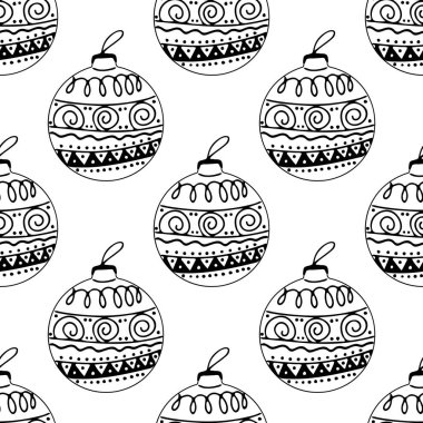 Kusursuz desenli, karalama elementlerle çizilmiş Noel ağacı toplarından yapılmış. Beyaz arka planda izole edilmiş. Vektör stok illüstrasyonu.