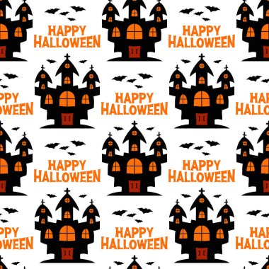 Witch castle with flying bats. Halloween seamless pattern. Isolated on white background. Vector stock illustration. clipart