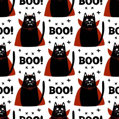 Şirin çizgi film kedileri vampir kostümü giyer. Sivri dişleri, boynuzları ve kırmızı pelerini vardır. Çapraz çarpraz elementler ve 