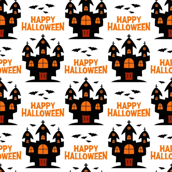 Witch Castle Flying Bats Halloween Seamless Pattern Isolated White Background — Stock Vector