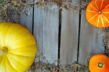 Eski tahtaların arka planında üç parlak balkabağı..
