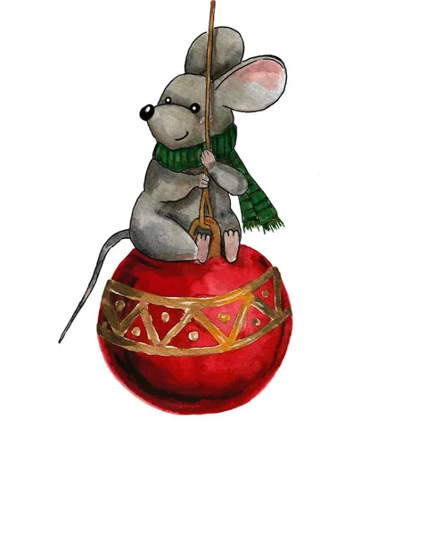 Inheemse Rat Kerstbal Aquarelillustratie Kerstmis — Stockfoto