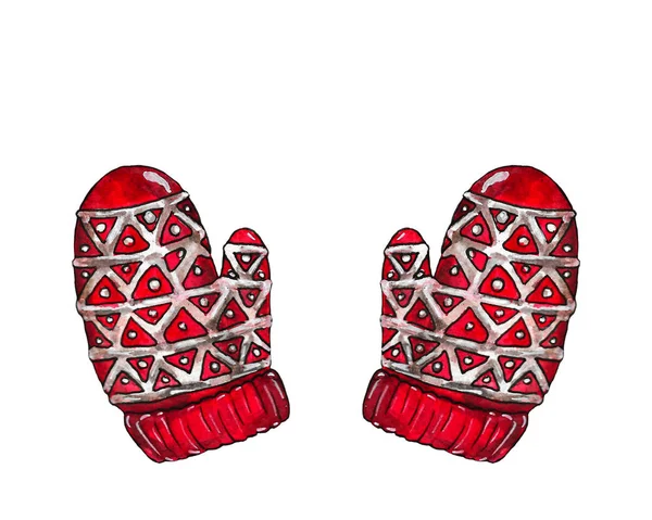 Suluboya çizimi. Kış eldivenleri. Kalıplı kırmızı eldivenler. Eldiven. 