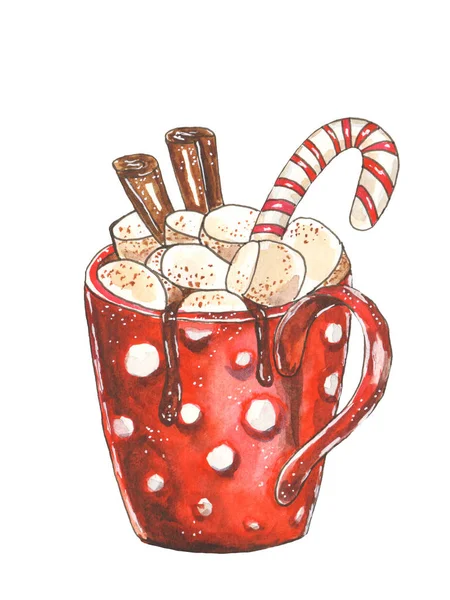 Suluboya çizimi. Ne ateşli bir kupa. Şekerlemeler. Kırmızı kupa. Yeni Yıl Dinazorları