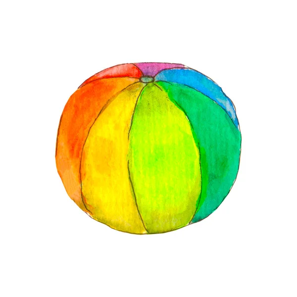 Ilustración en acuarela. Una bola inflable multicolor de la playa se dibuja a mano sobre un fondo blanco — Foto de Stock