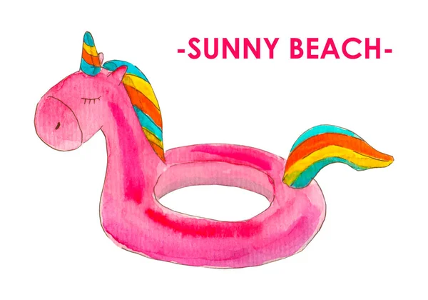 Watercolor illustration of a pink unicorn inflatable lifebuoy on a white background — Stock Photo, Image