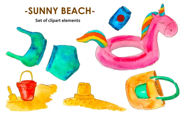 Suluboya çizimi. Sunny plaj seti beyaz arka planda elle çizilmiş.