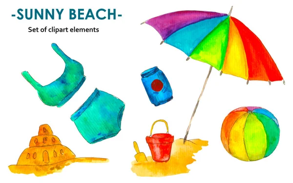 Watercolor illustration. The Sunny beach set is hand-drawn on a white background.
