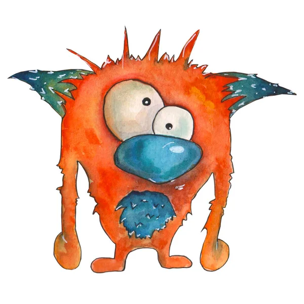 Suluboya çizimi. Beyaz arka planda elle çizilmiş sevimli bir canavar.