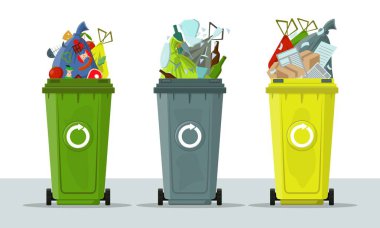 Çöp kutuları beyaz arka plan üzerinde izole. Ekoloji ve geri dönüşüm kavramı. Çöp sıralama. Enkaz ve çöp torbaları ile tank