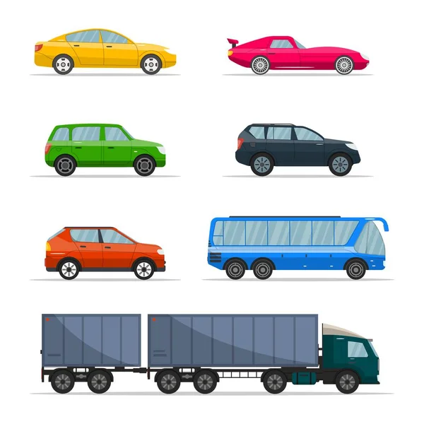 Diferente vector de turismos. Urbano, coches urbanos y vehículos vector de transporte conjunto de iconos planos. Conjunto de iconos de coche retro . — Vector de stock