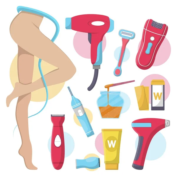 Équipement d'épilation pour femmes. Épilateur électrique, rasoir, rasoir, bandes de cire, icônes de cire chaude . — Image vectorielle