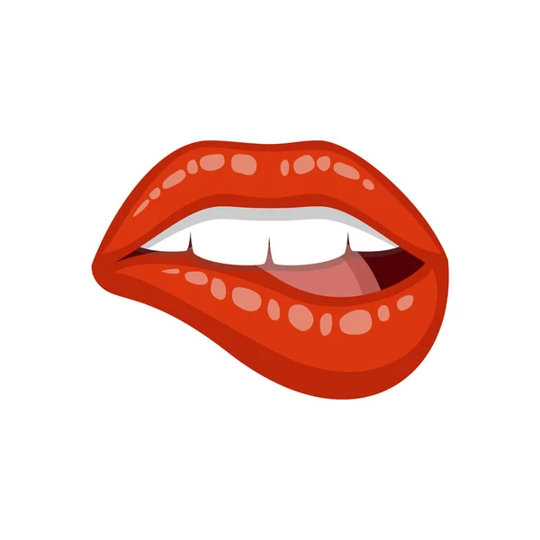 性感的女人嘴唇。咬嘴唇, 女性嘴唇用红色口红。在白色背景查出的向量例证. — 图库矢量图片