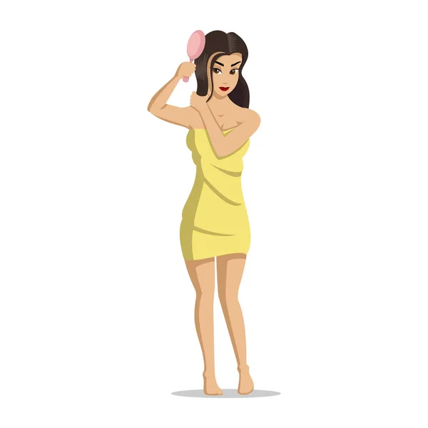 Chicas después de una ducha. Cuidado de la piel de la cara. Chica seca el cabello. La chica se cepilla el pelo. Ilustración vectorial . — Vector de stock