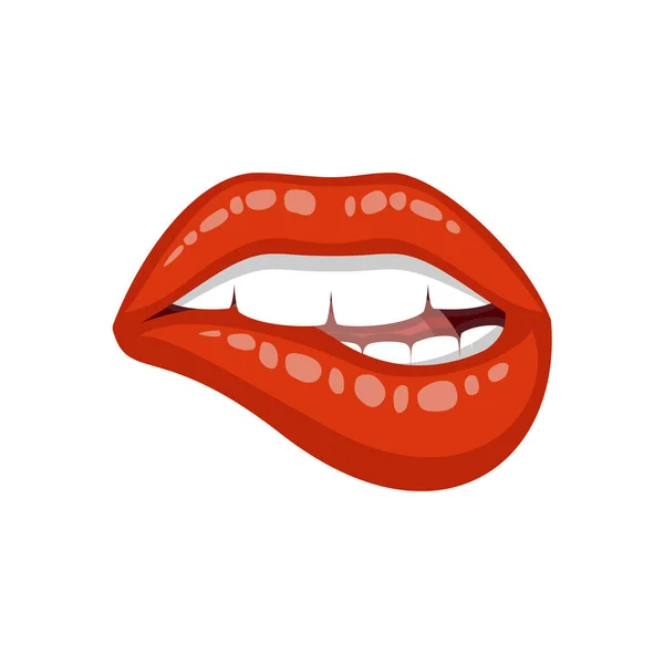 Sexy womans lip. Bite ones lip, female lips with red lipstick. Vector illustration isolated on white background. — Stock Vector