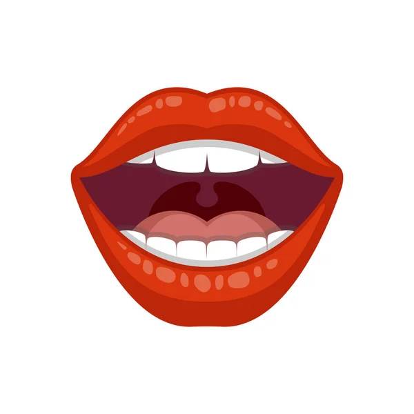 아름 다운 여자 섹시 한 입술, 큰 목적 디자인. 빨간 립스틱의 여성 입술 이빨으로 입을 열고. — 스톡 벡터