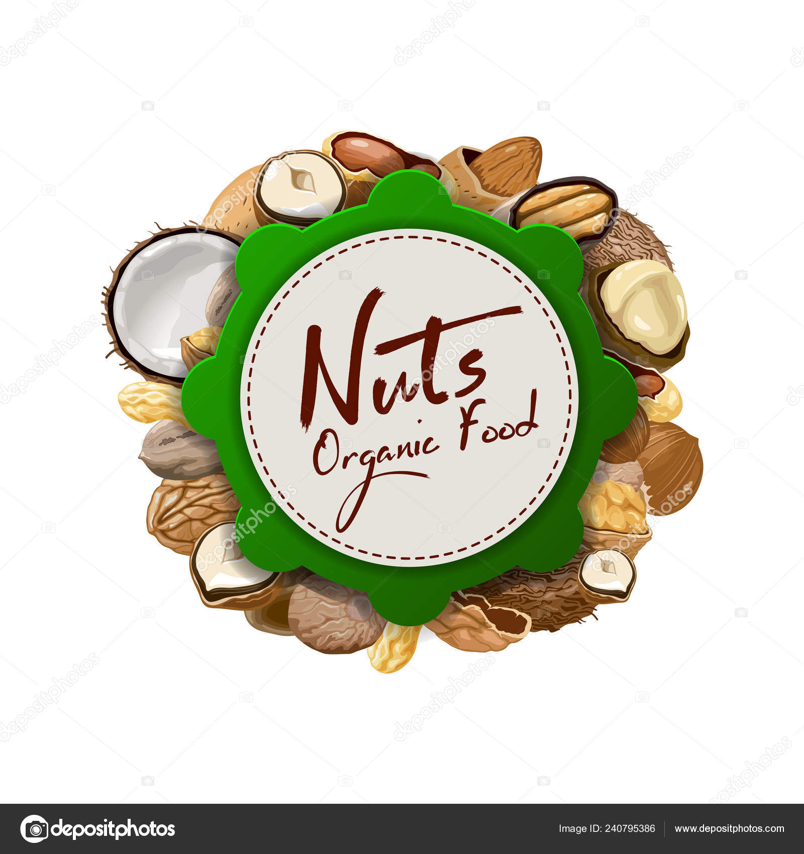 Nuts Collection With Raw Food Mix And Paper Label Walnut Coconut