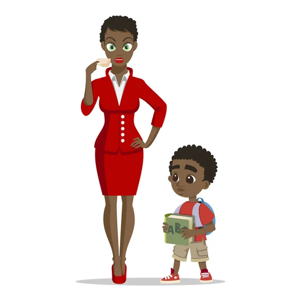 Giovane madre africana attraente con il suo piccolo figlio. Ragazzo felice. Un concetto felice. Giovane famiglia su sfondo bianco . — Vettoriale Stock