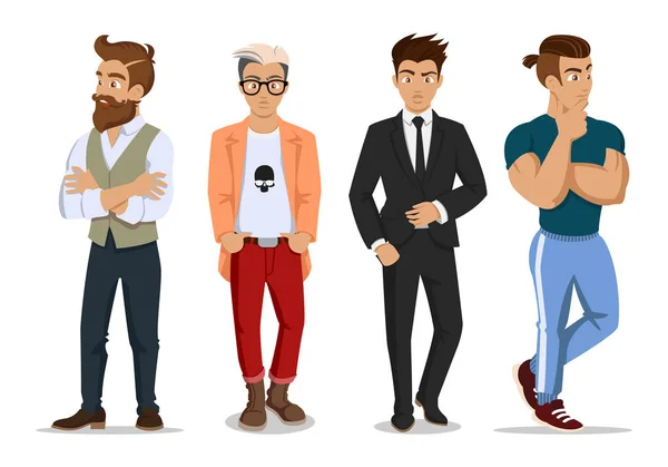 Jeunes hommes attirants en vêtements à la mode. Jeunes hipsters, hommes d'affaires et sportifs. Mignon dessins animés mans . — Image vectorielle