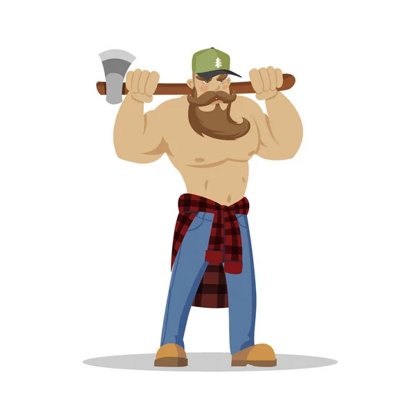 Lumberjack brutal bearded man in red checkered shirt with axe in hands. Woodcutter. Wanderlust hiking and travel concept — Stock Vector