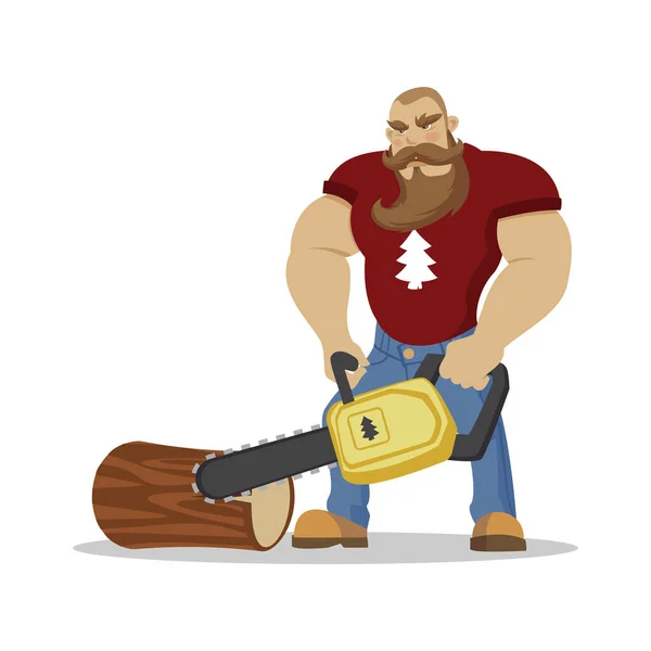 Homem barbudo brutal Lumberjack em camisa quadriculada vermelha com machado nas mãos. Cortador de madeira. conceito de caminhadas e viagens Wanderlust — Vetor de Stock