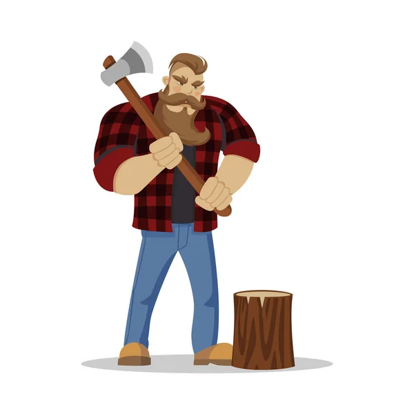 Lumberjack brutal bearded man in red checkered shirt with axe in hands. Woodcutter. Wanderlust hiking and travel concept — Stock Vector